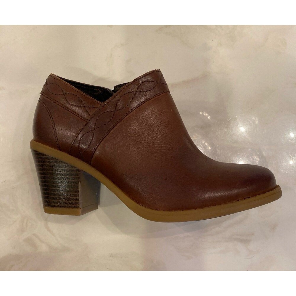 Women's Brown Leather Ankle Bootie with Stacked Heel